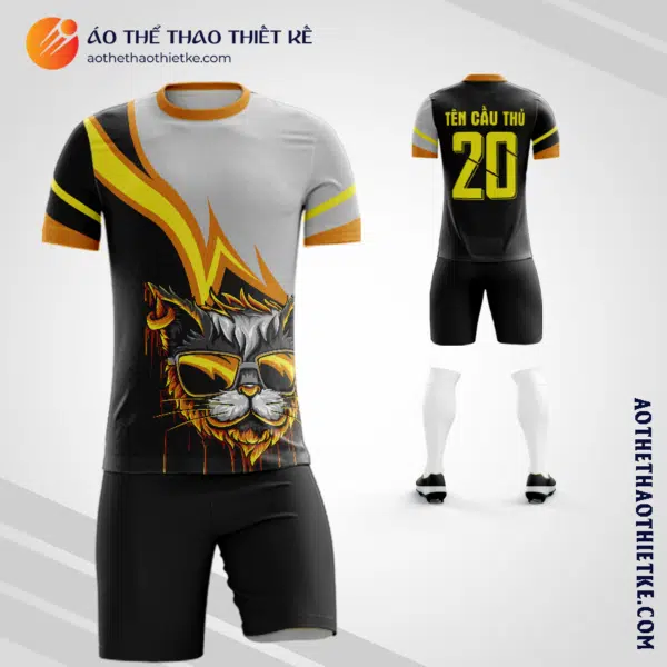 Mẫu quần áo bóng đá tự thiết kế họa tiết hình mèo đeo kính màu đen 2023 V3504