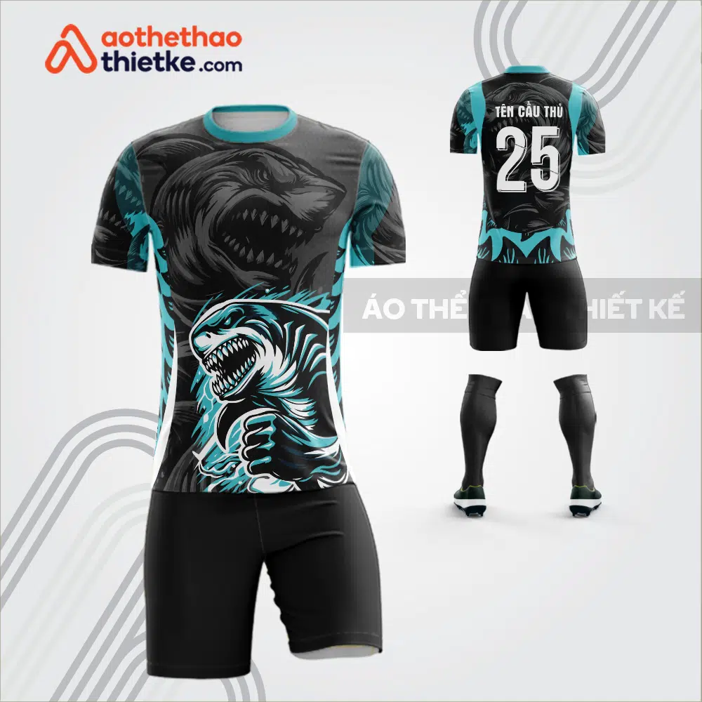 Mẫu áo bóng đá thiết kế linh vật cá mập màu xanh lơ tự thiết kế V3624