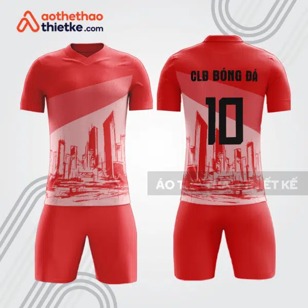 Bộ quần áo bóng đá đỏ họa tiết skyline cho doanh nghiệp nhà đất BDE37